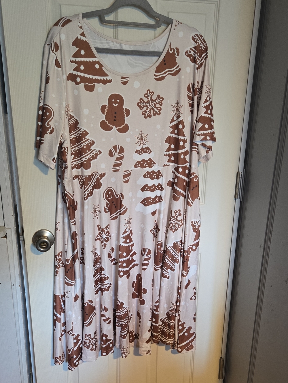Gingerbread Print Swing Dress - Cream & Brown